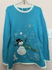 Quacker Factory Christmas Sweater S/ M Blue White Snowman Beaded, Lights Work.Q2