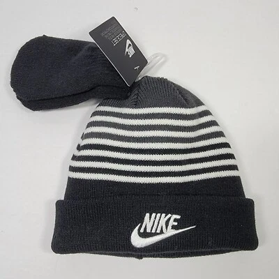 Nike Toddler Boys Hat and Mittens 2 Piece Set Color Black White Gray 12/24M - Image 1 of 4