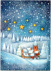 Hannelore-Vier-Künstler-Naiv-AK Winter Schnee-Landschaft Sternenhimmel 70er - Bild 1 von 1