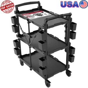 Heavy Duty Folding Collapsible Utility Cart w/Wheels 3-Shelves Black - Picture 1 of 14