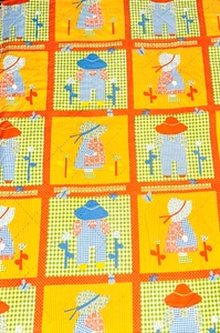 Couverture de couette vintage Sunbonnet fermier garçon fille 60x40" rouge jaune bleu noyau cottage - Photo 1/5