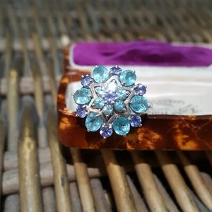 925 Sterling Silber Ring, natürlicher Aqua Apatit und Tansanit, Größe O,5 US 7,5 - Bild 1 von 8