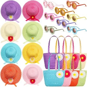 24 Set Girls Tea Party Straw Sun Hat and Purse with Sunglasses for Summer Beach - Picture 1 of 5