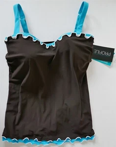 NWT Profile Gottex Pretty Wild Enya Brown Tankini Top Blue Strap/Ruffle Trim 36E - Picture 1 of 5