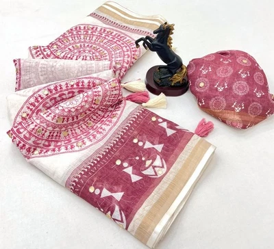 Nuevo sari de lino crema de uso tradicional con blusa para mujeres y niñas Foto 1 de 4