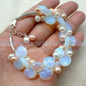 Fine Blue Fire Opal Gemstone & White Freshwater Pearl Cluster Bracelet 7.5'' AAA