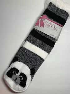 NEW PANDA BEAR STRIPE SOFT SHERPA LINED SLIPPER SOCKS WOMEN STOCKINGS GIFT - Picture 1 of 3