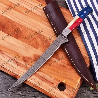 EH KNIVES 13’’ Handmade Damascus Steel Super Sharp Kitchen Fish Fillet Knife with Sheath