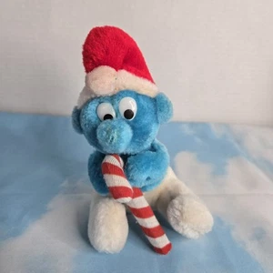 Christmas SMURF Holding a Candy Cane VINTAGE 1982 Smurf Plush Peyo 5"  - Picture 1 of 4