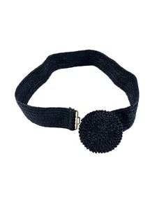 Vintage Navy Woven Straw Raffia Belt Circle Buckle Wide Waist Boho S/M - Picture 1 of 7