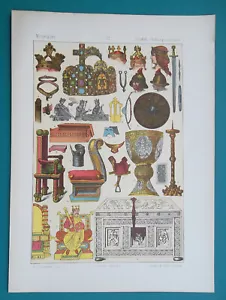 ANCIENT FRANKS Crowns Furniture Daily Objects Sword Lyra etc - 1883 COLOR Print - Picture 1 of 1