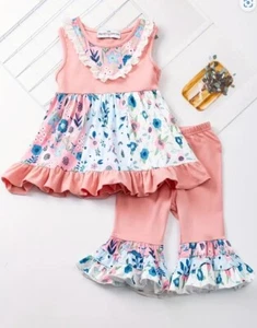 NEW Boutique Floral Tunic Dress & Ruffle Shorts Girls Outfit Set - Picture 1 of 7