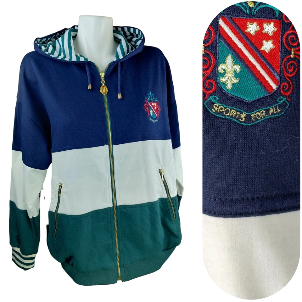 Sudadera con Capucha Deportiva Cola Vintage Mujer M Rayas Bloques de Color Cresta Manga Larga Cremallera Completa Foto 1 de 4