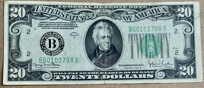 1934 D Series $20.00 Bill Federal Reserve Note B 60103798 B - Image 1 of 3
