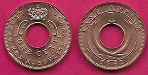EAST AFRICA BRITISH 1 CENT 1962H UNC ELIZABETH II,CENTER HOLE DIVIDES CRO - Picture 1 of 1