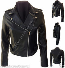 Ladies Black Zipped Urban Retro Biker Style 100% Real Soft Leather Jacket