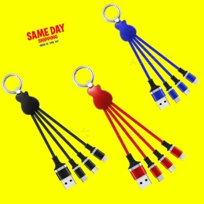 3 in 1 USB Cable Multi Charger Type C Micro 8-Pin Data Sync Fast Charging Phones - Image 1 of 3