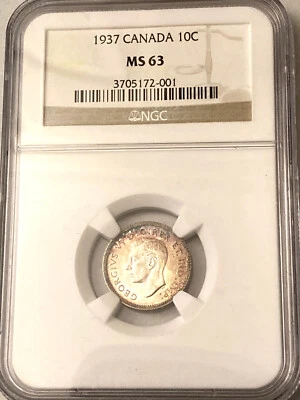 1937 CANADA 10c SILVER COIN NGC MS 63 CHOICE FROM ORIGINAL ROLL - Image 1 of 2