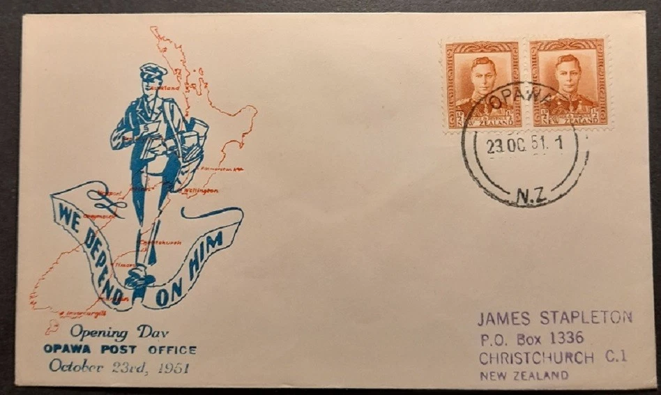 Nueva Zelanda Opawa 1951 matasellos el día de apertura portada ilustrada pictórica Foto 1 de 1