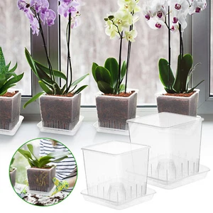 5-30Pcs Clear Plastic Orchid Pots With Tray Holes Flower Pot Succulents Plant - Picture 1 of 14