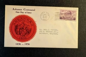 1936 Arkansas Centennial Little Rock AR FDC 782 23a Cover to Baltimore Maryland - Picture 1 of 2