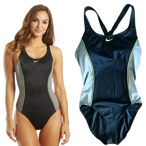 Nike Racerback One Piece Swimsuit Womens Large Black Gray Athletic Swimwear - Picture 1 of 9