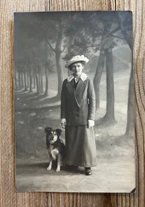 1916 RPPC Vintage Postcard German Woman Border Collie Dog Tharandt Pirna WW1 - Picture 1 of 2