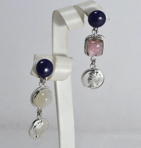 ORECCHINI IN ARGENTO 925 BOTTONI LAPIS TORMALINA PIETRA DI LUNA AGHT 0962 - Foto 1 di 3
