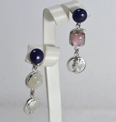 ORECCHINI IN ARGENTO 925 BOTTONI LAPIS TORMALINA PIETRA DI LUNA        AGHT 0962 - Immagine 1 di 3