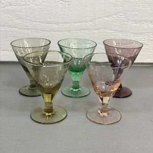 Set of 5 Vintage Etched Stemmed Shot Glasses Cordial Ivy Leaves MCM Barware READ - Picture 1 of 11