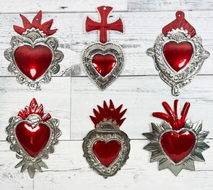 Mexican Milagros Charms Folk Art Sacred Heart Tin Ornaments Set Of 6 Pcs Pack#18 - Picture 1 of 1