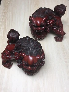 Vintage Large Asian Chinese Foo Dog Set Of 2 - Lion Cinnabar Red Resin 8x6” - Picture 1 of 13