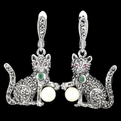 925 Sterling Silver Earrings Round Emerald Ruby Pearl Marcasite Cat Gemstone - Image 1 of 4