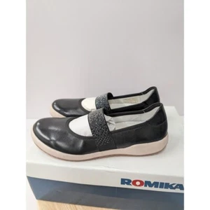 Romika Mary Jane Black Leather Flats Shoes Rhinestones Strap Womens 6-6.5 EU 37 - Picture 1 of 10
