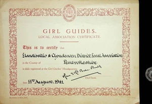 Girl Guides Zulassungsurkunde 1941 signiert Baden-Powell Pembrokeshire Wale - Bild 1 von 2