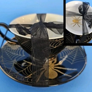 Gothic Spider Teacup Saucer Halloween Tea Goth Web Park Chateau NEW US Seller - Picture 1 of 9