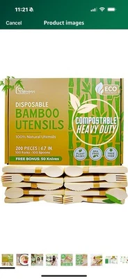 Utensilios desechables de bambú 100 tenedores 100 cucharas 50 cuchillos — ecológicos — sin árboles Foto 1 de 4