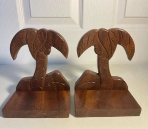 Vintage Palm Tree Wooden Bookends 1950s Finished mid century 6" tropical Wood - Picture 1 of 8