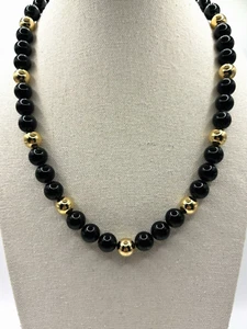 Vintage Napier Black And Gold Round 9 mm Beaded Necklace 18 Inch - Picture 1 of 20