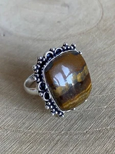 Square Tiger’s Eye Ring Size T 1/2 Sterling Silver 925 Plated Boho Vintage Style - Picture 1 of 5