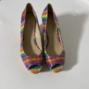 Nine West Sz 7.5 Cheerful Peep Toe Textured Cork Wedge Platform Heel - Picture 1 of 12