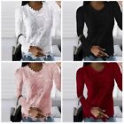 Womens Long Sleeve Pullover Top O-Neck Elegant Stitching Lace Solid Loose Shirts