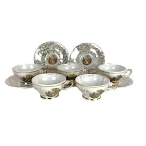 ADP Porcelsine De Luxe Set 5 Demitasse Cups Saucers Fragonard Scene - Picture 1 of 11