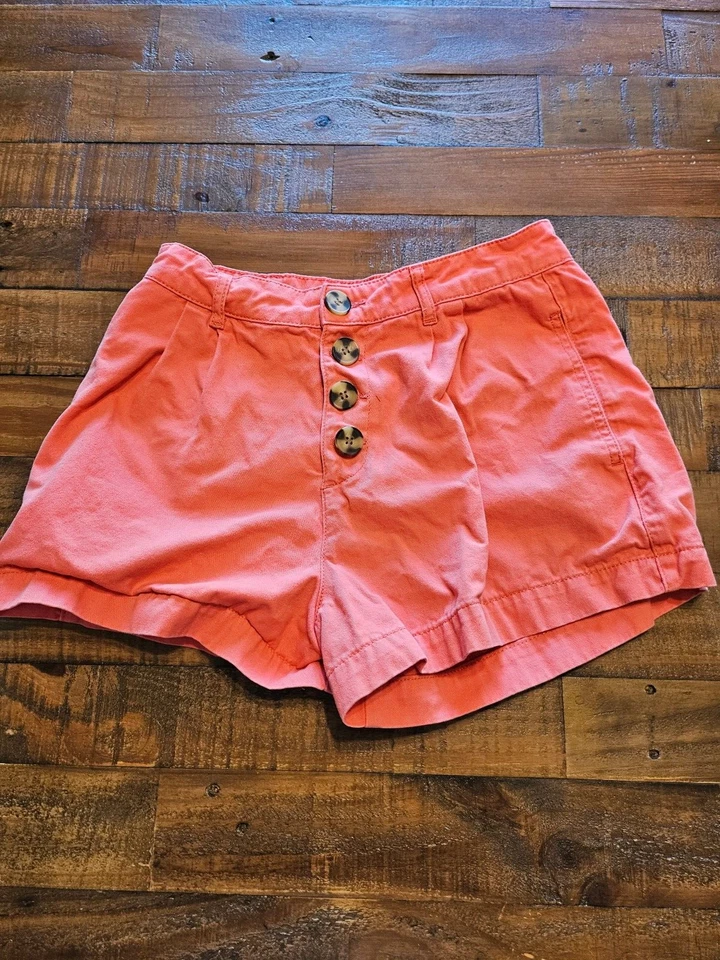 BDG Urban Outfitters PANTALONES CORTOS (Talla 28) MUJER Coral/Naranja CAQUI tiro alto BOTÓN Foto 1 de 3
