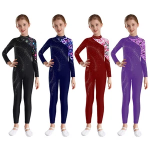 Kids Girls Unitard Leotard One-Piece Jumpsuit Rhinestones Rompers Performance - Picture 1 of 60