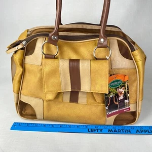 NEW w TAG! Yellow Brown SMALL PET CARRIER! Soft Travel Bag Vents Pockets Leather - Picture 1 of 15