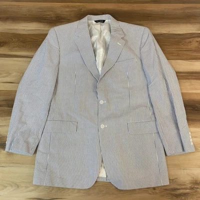 Jos A Bank 泡泡纱西装外套条纹棉质 44L 长运动外套男式 — 第 1/4 张图片