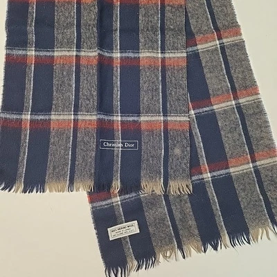 Винтажный Christian Dior 100% шерсти мериноса шарф клетку синий серый красный 80-х сделано в Японии - Изображение 1 из 4