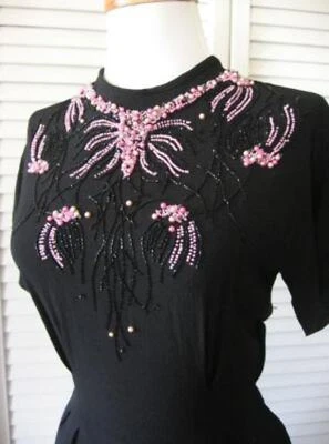 40s Vintage Women's Black Cocktail Dress Pink Beaded Accent LBD - Image 1 of 4