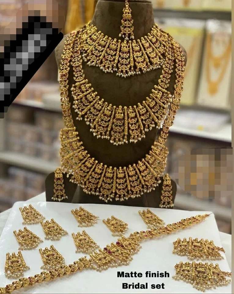 Indian Pearl Gold Necklace Bridal Bollywood Wedding 8Pc Jewelry Earring Tika Set - Image 1 of 4